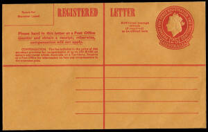 Registered Envelope: 1965 2/5d QEII embossed. New Text Setting, "REGISTERED LETTER" in larger type and "$100" added in brackets after "&pound;50". By far the most difficult to locate of this series. Fine unused, cat $1,000.