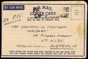 1945 (Sept. 25) THAILAND - AUSTRALIA [Liberated POW Death Railway}; Unfranked Air Mail Letter Card to St Kilda, Melbourne, from Major John de Crespigny, endorsed "EX P.W." and h/stamped unframed "PASSED FREE / OF POSTAGE". Contents are headed "THE STADIUM
