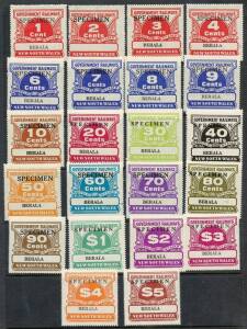 RAILWAYS PARCEL STAMPS; Collection on annotated pages or Hagners with NSW decimal SPECIMEN set of 22; Queensland 1927 mint set, 1d to 10/-, 1976 mint part sets of 6 to $1 and 7 to $2 plus 1927 Canberra Celebrations Refreshment Room blk of 4; South Austral
