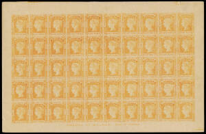 1885, QV 8d Laureate REPRINT in ORANGE, on a stout greyish paper, from the original worn plates, by Van Dyck. Complete ungummed sheet of 50 with the design variations, flaws and the imprint "ENGRAVED BY H.C. JERVIS, PITT ST. SYDNEY". Fine with a minor tea