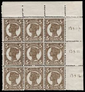 June 1911 (SG.306; BW:Q38b) 5d Deep Brown, comb perf.13x11 to 12&frac12; with irregular vertical gauge: upper right corner block (8**,1*) showing vertical gauges of 11&frac12;, 11 & 12 se-tenant on rows 1 to 3. Interesting positional piece. BW.Cat.$1125 for hinged!