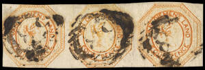 TASMANIA: 1853 (SG.12) 4d Yellowish-Orange Courier, Plate II worn plate; close to good margined strip of 3 with discernable strikes of BN '58' of Waterloo Point. Slight crease through right unit. Cat.&pound;1125.