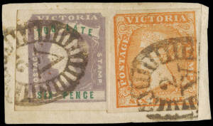 VICTORIA: 1854-55 (SG.32 & 33) usage of 6d 'TOO LATE' on a small piece together with a 6d orange woodblock, tied by Geelong '2' barred oval. The 'Too Late' 4 full margins, 6d orange R margin cut in to.