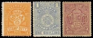 1884-96 (SG.238b,257 & 260c) Stamp Duty series, 4/- orange-red, 1/- chalky blue/lemon and 5/- pale claret/yellow, all wmk 19 (V1), perf 12&frac12;*.