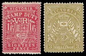 1884-96 (SG.254a,267a,268a,270) Stamp Duty group with 1d pale bistre, wmk 19, perf. 12 (MNG), 1/6 bright rose carmine and 3/- olive-drab both wmk 33, perf. 12&frac12;*. Plus 5/- rosine (MNG) and a 1d & 3/- fiscally used.