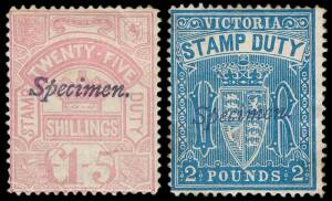 1885-96 (SG.268,270,272,273,274, 276 & 292) &nbsp;Stamp Duty group, overprinted &nbsp;"Specimen" in italics. With&nbsp;3/- drab, 5/- rosine, 10/- bluish green, 15/- purple-brown, &pound;1/5/- pink and &pound;2 blue. Plus 1884-92 2/6 &nbsp;(2 shades), all wmk 33, perf 12&frac12;. All MH with gu