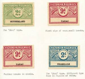 Victorian Railway Parcel Stamps: Mint/used collection on annotated pages. 1917 and 1934 Winged series on pages identifying the different types then on pages by value, 1d to 11d showing the different shades and Security under printing. 1953-58 mint set, 1d