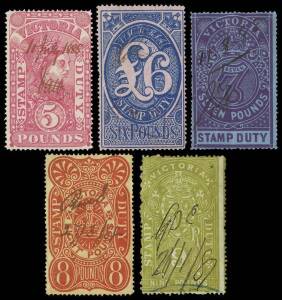 REVENUES: 1884-96 &pound;5 to &pound;9 Stamp Duty high value set of 5 with manuscript cancellations. Fine with the odd pin-hole