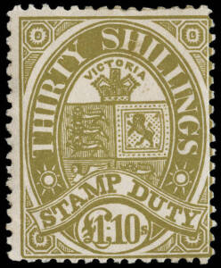 1909 (Barefoot.108) &pound;1/10/- pale-olive, Stamp Duty, wmk V over Crown,&nbsp;perf 11&frac14;. Fine fresh colour, large part on gum.