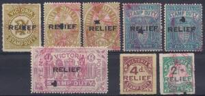 RELIEF TAX group with 2/- olive, &pound;1/10/- green (2), &pound;2 blue (2) & &pound;10 lilac Stamp Duty issues o'ptd "RELIEF" and 4d & 2/- rouletted. FU.