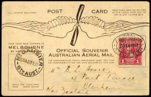 15-27 Feb.1917 (AAMC.10) Mt. Gambier - Melbourne - New Zealand, Basil Watson flown post card. Dated "15.2.17" the message reads "Greetings by the first Aerial Mail to be carried by an Australian pilot on an Australian built machine".