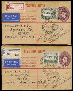 13 July 1930 (AAMC.164,165,165a) set of 8 flown covers for the WAA extended Perth - Derby route with Perth - Fitzroy Crossing, Hall's Creek, Derby and Wyndham and return. All on KGV 4&frac12;d registered envelopes up-rated 3d, with relevant backstamps. Cat. $750