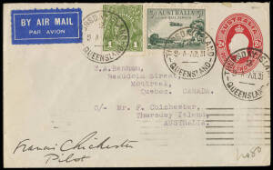 1931 (July) Australia-Japan per Francis Chichester plus Philippine intermediates Mati-Ormoc, Manila-Japan to Iceland and another to England AAMC #210, 211 & 212, all with appropriate cachets and b/s, 3 signed "Francis Chichester", Cat $1525+. (4)