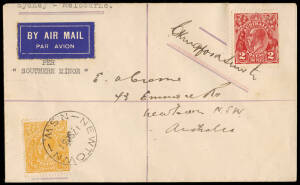 21 Sept.1931 (AAMC.215a) Sydney - Melbourne, 'unofficial' flown cover addressed to E.A. Crome, signed by Charles Kingsford Smith and endorsed "PER / 'SOUTHERN MINOR". On the reverse typed "Cover flown on first stage of world record / attempt. / Australia 