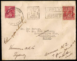 11 Jan.1933 (AAMC.296) Sydney - New Plymouth (unofficial) flown cover, for the second trans - Tasman flight from Gerringong Beach (NSW). Signed by Sir Charles Kingsford Smith and endorsed at lower right "Arrived N.Z. / 7pm Jan 11th / in Southern Cross". [