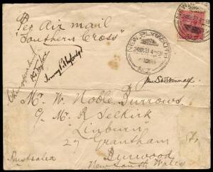 26 Mar.1933 (AAMC.299) New Zealand - Sydney flown cover for the return flight from New Zealand. Endorsed "Per Air Mail / 'Southern Cross'" , signed by Kingsford Smith, Taylor, Stannage and Pethybridge, with Sydney machine cancel dated "11 Apr. 1933". &nbsp;Gru