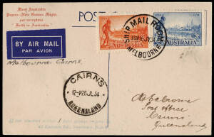 1934 (July) Melbourne-Cairns AAMC #395c postcard (previously flown to New Zealand as AAMC #348 in the "Faith in Australia"), re-flown as an intermediate on the flight by Ulm, Allan & Boulton to Papua & New Guinea, Cat $375+. [A total of 50 of these cards