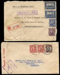Group of 8 commercial covers circa 1930's/40's, to G.J. Coles & Co. Ltd., Melbourne, Australia. All with multiple frankings incl. 3 censored and a registered cover endorsed "Per S.S. Mayobashi Maru".