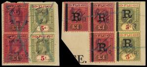 FIJI - Revenues: group of document fragments with various combinations to &pound;3/10/- comprising of the following values KEVII o'ptd 'R' 6d (3), 1/- (2), 5/- (1) & &pound;1 (1), KGV 6d (1), 1/- (3), 2/- (1), 2/6 (4), 5/- (3), &pound;1 (2) and o'ptd 'R' 1/- (4), 5/- (11) 