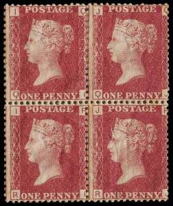 1858-79 (SG.43) 1d rose-red Plate 192 [IQ-JR] blk.4. Fresh Mint with full o.g.. Cat.&pound;260.