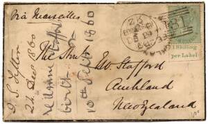 1860 (Dec.24) cover to New Zealand, with a 1/- green (SG.72) single franking with lower margin printed "1 Shilling / per Label", tied by Edinburgh "181" duplex and Auckland unframed cds. Cat. &pound;425 on cover. Roughly opened.