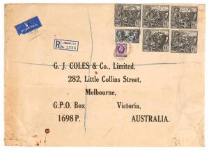 GREAT BRITAIN - Postal History; 1937 (June 25) London - Melbourne, Australia registered airmail commercial cover, 31.5 x 22.5 cms, addressed to G.J. Coles & Co. Limited, with an extraordinary franking of &pound;5/10/3 with FIVE &pound;1 POSTAL UNION CONGRESS&nbsp;stamps, 
