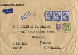 1948 (Apr. ?) early usage of &pound;1 KGVI Royal Silver Wedding horizontal strip of 3 together with a 2/6 & 3d stamp to give a franking of &pound;3/2/9, on a commercial registered airmail cover London to G.J. Coles & C0. Ltd, Melbourne, Australia. Cover slightly grub