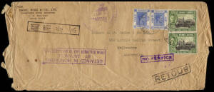 HONG KONG - Aerophilately; 1937-41 group of 12 commercial covers to C.J. Coles & Co. Ltd., Melbourne, Australia all with mixed frankings, in mixed condition. Noted a 1941 long cover with 4 boxed cachets incl. "NO SERVICE" &nbsp;and a very fine "DETAINED IN HON