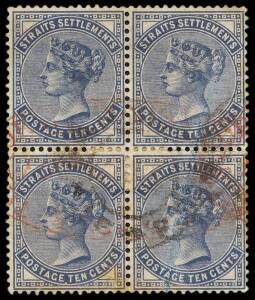 1882 (SG.49) 10c slate, QV, wmk. Crown CC, used block of 4 with chop. Cat &pound;80 each.