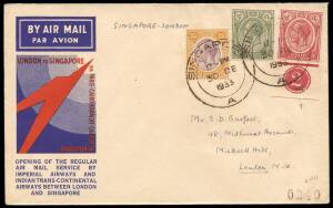 1933 (Dec. 30) Singapore - London, first flight cover for Imperial & Indian Trans - Continental Airways, multiple franking of 43c showing usage of KGV 6c scarlet, lower marginal stamp with Plate No.2. An unusual combination.