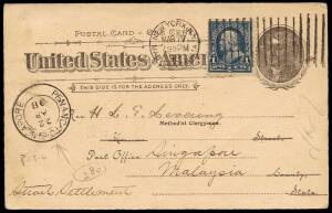 1898 (Mar.17) 1c USA postal card, uprated 1c, P.T.O. as an 'Assessment' card for an American Missionary Society, New York - Singapore, with Singapore arrival cds "PENANG TO SINGAPORE" dated "22/AP/98", Proud Type F.
