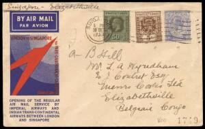1933 (Dec. 30) Singapore - London - Belgian Congo, return flight cover for the opening of the London - Singapore regular route. With a multiple franking of 67c with KGV Straits Settlements stamps , 5c, 12c & 50c, the lower two values with a private perfin