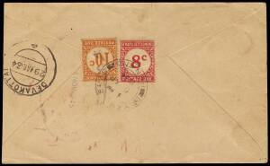 1934 (Mar. 29) stampless cover India - Bayan Lepas, Penang, taxed on arrival 18c, then refused payment on delivery and held until 1944, finally returned to sender in 1945. Fine with relevant postal markings and notations.