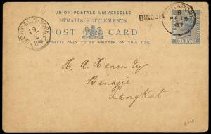 1887 (Feb. 19) usage of 3 cents blue postal card (H&G.1), printed to order for "ROBINSON & Co.", Singapore, addressed to "Bindjei [Bindjai] / Langkat" in North Sumatra, cancelled Singapore, with "NED IND SINGAPORE" transit cds and "BINDJEI" arrival handst