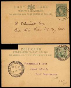Two used P.T.O. postal cards. 1899 (Dec. 13) ONE CENT green, Straits Settlements for the "Singapore Art Club" and 1c green, Federated Malay States, for "Singapore Cold Storage Co. Ltd.", Kuala Lumpur - Carey Island. Port Swettenham with Port Swettenham cd