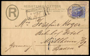 1901 (Nov. 9) FIVE CENTS blue, QV registered envelope, Size G (H&G.C1a), uprated 8c, Singapore - Baden, Germany. The uprating 8c stamp on the front tied by a Singapore cds AND the violet oval h/stamp "G. HIEBER & CO. / SINGAPORE"