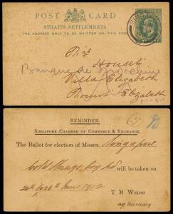 Usage of two ONE CENT green on buff, KEVII postal cards (H&G.15.Tan.P20), P.T.O.. 1907 (Mar. 15) for "H.L. COGHLAN & CO.,", Auctioneers and 1912 (Jun. 24) for "SINGAPORE CHAMBER OF COMMERCE & EXCHANGE".
