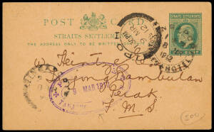 1912 (Mar. 8) usage of ONE CENT green postal card (H&G.15) Singapore - Perak. With 4 postmarks incl. double circle "SINGAPORE / RAFFLES HOTEL" and violet oval "POST OFFICE / TANJONG RAMBUTAN"
