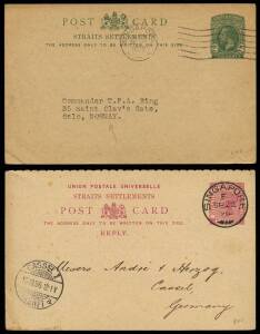 1929 (Jan.24) usage of 2c green, KGV (H&G.27) postal card from The Jeram Kuantan Rubber Estate Ltd. to Commander T.P.A. Ring, Oslo, Norway. Plus 1896 (Sept. 22) 3c carmine postal card Reply half (H&G.14) Singapore - Germany.