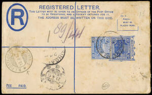 1913 (Apr. 16) usage of 10c blue registered envelope (H&G.C3a), uprated 8c, Teluk Anson - Semerang Java, with &nbsp;Netherlands Indies transit postmark "N.I. POSTAGENT / SINGAPORE" on the front and black boxed "R / Teluk Anson / Post Office" on the reverse.&nbsp;