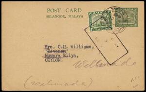 1939 ()ct. 30) usage of 2c green postal card (H&G.3), uprated 2c, printed to order for "SUNGEI WAY DREDGING LIMITED", Kuala Lumpur - Ceylon, with black boxed censor h/stamp. Very fine.