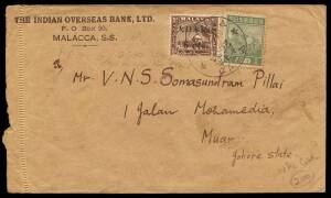 1944 (Oct.1 ) commercial cover, Malacca - Muar, Johore, franked 8c with Selangor 5c brown o'ptd & surcharged "6 cts" and 2c pale emerald, Fruit (SG.J292 + J298). Usage date of the 6c stated to be 9 days earlier than recorded. Japanese violet chop on rever