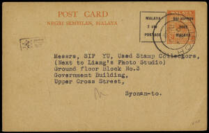 1942 (Oct. 7) NEGRI SEMBILAN 2c orange postal card, o'ptd "DAI NIPPON / 2602 / MALAYA" with black boxed "MALAYA / 2cts / POSTAGE" alongside (Tan.DP2), commercially used Ipoh - Singapore, with single line military post office chop at top L. Typed message o