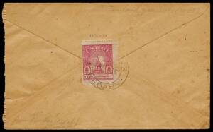 1944 (Sept. 30) usage of 8c carmine, War Memorial (SG.TM5) on a cover to Singapore, stamped tied by double circle "ALOR STAR / KEDAH" with Thai year "2487" and 2 black Japanese chops.on address side.