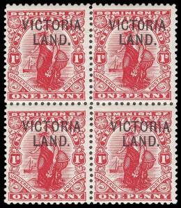 1911-13 (SG.A3) 1d carmine o'pt "VICTORIA LAND", block of 4. Fine and fresh.