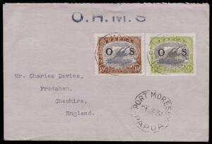 OFFICIALS: 1934 (June 21) &frac12;d myrtle & apple-green + 1&frac12;d blue & brown, (SG.O55 & O57) on an "O.H.M.S." cover to England. The 1&frac12;d with "Broken diagonal leaf at L. Very fine.