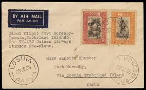29 June 1938 (AAMC.P135) Port Moresby - Samarai - Losuia cover, carried by Ken Garden in a Stinson Reliant Seaplane for Guinea Airways. The emergency flight to pick up a sick man who needed urgent transport to Port Moresby hospital, was the first flight t