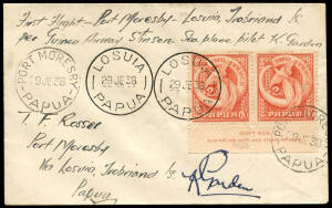 1938 (Jun 29-30) Port Moresby-Samarai-Losuia-Port Moresby "boomerang cover" per Stinson Reliant (seaplane) AAMC #P136a, signed by the pilot "K Garden", Cat $280. The emergency flight to pick up a sick man who needed urgent transport to Port Moresby hospit