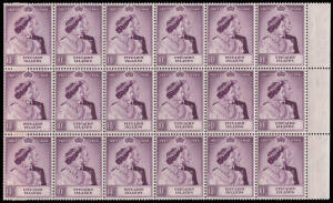 1949 (SG.11 & 12) 1&frac12;d scarlet & 10/- mauve Royal Silver Wedding as blocks of 18. Rarely offered as large multiples. Cat. $1300+.