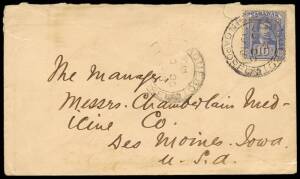POSTAL HISTORY; 1918 (Oct. 30) single usage of 10c blue, Sir Brooke (SG.55) on a commercial cover to Iowa, USA, tied by a Singapore, Paquebot double circle cds. Minor faults.